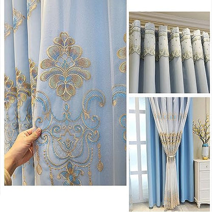 Amidoudou 1 Pair European Curtains with Valance Attached Double Layer Curtains for Living Room Bedroom (Blue,51x96 Inch) - color: Blue, size: 51"W x 96"L (Pack of 2)