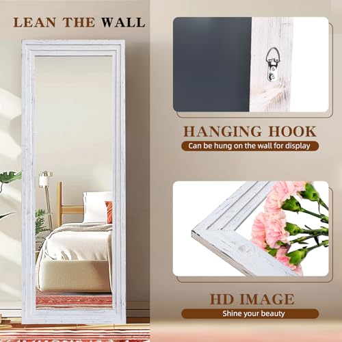 65x24in Full Length Mirror, 3-Tier Stepped Solid Wood Frame, White - color: White, size: 65"L x 24"W