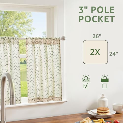 jinchan Green Boho Linen Kitchen Tier Curtains 24 Inch Rod Pocket 2 Panels - color: Arrow | Green on Linen, size: 26"W x 24"L (Pack of 2)
