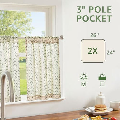 jinchan Green Boho Linen Kitchen Tier Curtains 24 Inch Rod Pocket 2 Panels - color: Arrow | Green on Linen, size: 26"W x 24"L (Pack of 2)
