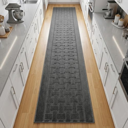 10 FT Long Non Slip Washable Runner Rug – 2'2" x 10' Custom Size Carpet Runner with Rubber Backing, Hallway Kitchen Bedroom Bathroom Floor Mat, Anthracite Dark Grey - color: Anthracite Labyrinth, size: 2'2" x 10' (Rectangular)