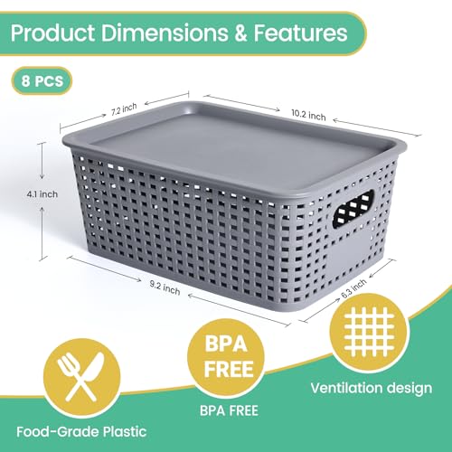 Ohmlove 8 Pack Plastic Storage Baskets with Lids for Organization - color: Gray