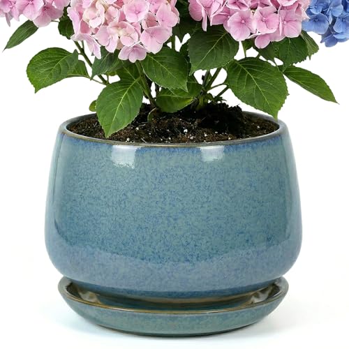 10.3 Inch Flower pots for Indoor Outdoor Plants with Saucer Drainage Leak-Proof Mesh, Ceramic Planter with Gardening Gloves for Succulent and Flower(Crackled Blue) - color: Crackled Blue, size: 10.3 Inch