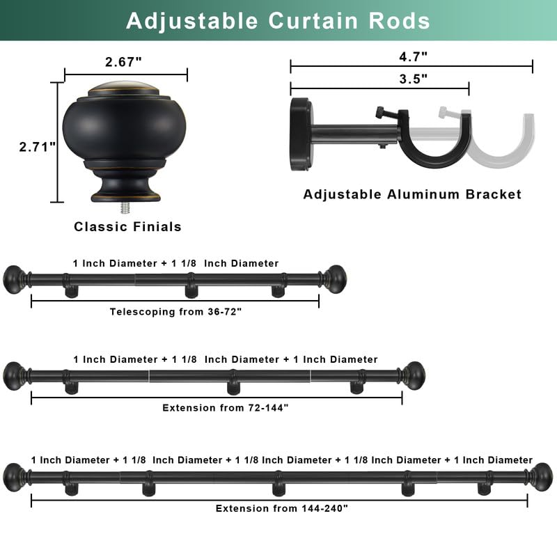 Heavy Duty Curtain Rods, 1 1/8" Diameter Extra Long Curtain Rod 144-240 Inch(12-20ft) for Large Window, Single Drapery Rod with Classic Finials and Adjustable Aluminum Alloy Brackets, Matte Black - color: Matte Black, size: 144-240"