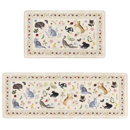 Boho Cushioned Anti Fatigue Mats for Kitchen Floor,Farmhouse Beige Floral Animal Cat Non-Slip Water Resistant Runner Comfort Foam Standing Rugs Non Skid for Home Sink,Office,Laundry 17"x47"+17"x30" - color: 2026 Anti Fatigue Mats 1 Beige