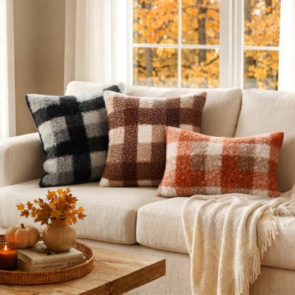 MIULEE Fall Plaid Pillow Covers Boucle Brown White 18x18 Set of 2 - color: Brown White, size: 18" x 18" (Pack of 2)