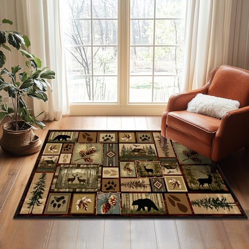Cabin Bear Rustic Rug 3x5,Deer Country Wildlife Area Carpet - size: 3'x5'