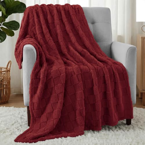Utopia Bedding Plush Checkered Fleece Blanket Burgundy Twin, 60x80 Inches - color: Burgundy, size: Twin
