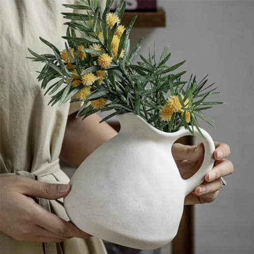 Rustic Ceramic Pitcher Vase with Handle, Antique Farmhouse Matte Textured Plain Neutral Unfinished Rough Clay Jug Pottery Vases for Home Decor… - size: 6.3''A