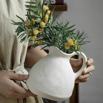 Rustic Ceramic Pitcher Vase with Handle, Antique Farmhouse Matte Textured Plain Neutral Unfinished Rough Clay Jug Pottery Vases for Home Decor… - size: 6.3''A