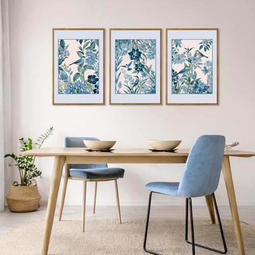 Aurlan 3 Pcs Blue Birds Flowers Framed Canvas Wall Art 16x24 Inch - color: Blue Birds on Botanical, size: 16"L x 24"W