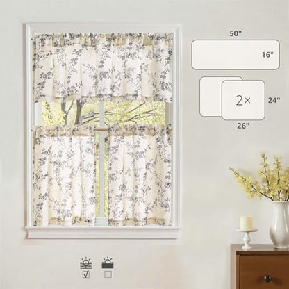 jinchan Black Linen Floral Kitchen Tier Curtains and Valance Set 3 Pieces - color: Alisa | Black on Linen, size: 26"W x 24"L (Pack of 3)