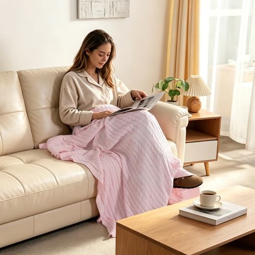 NTBAY Cotton Oversized Cable Knit Throw Blanket, 60 x 80, Baby Pink - color: Baby Pink, size: Twin(60"x80")
