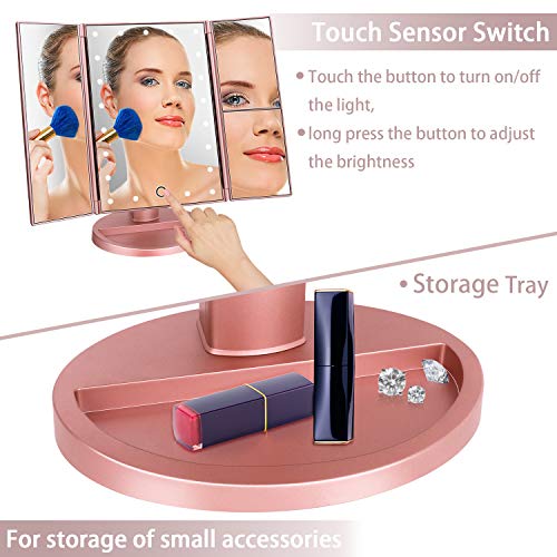 deweisn Dresser Mount Tri-Fold Lighted Vanity Mirror with 21 LED Lights, Touch Screen and 3X/2X/1X Magnification, Two Power Supply Modes Make Up Mirror,Travel Mirror - color: Rose Gold