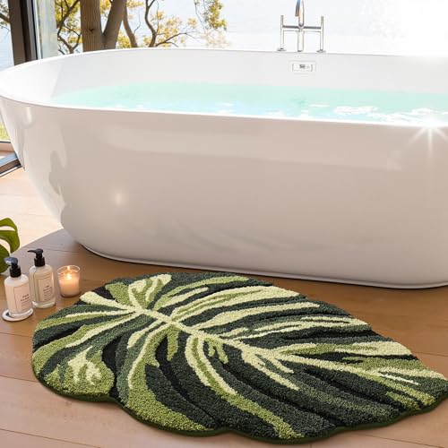 LUMI Cute Bathroom Rug Green Leaf, Absorbent Non Slip Bath Mat, 32"x48" - color: Dark Monstera-large