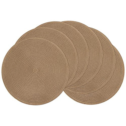 SHACOS Round Braided Placemats Set of 6 Washable Cotton Polyester 15 inch Round Table Place Mat for Dining Table (Brown, 6) - color: Brown, size: Set of 6