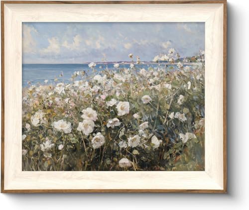 ASTRDECOR Framed Canvas Wall Art Room Decor, Vintage Landscape Wall Art for Home Decor Aesthetic Artwork, Coastal Scenery Nature Rustic Farmhouse Wall Decor for Living Room, White Wildflowers Oil Painting Pictures Bathroom Wall Decor- 10''x12'' - color: W