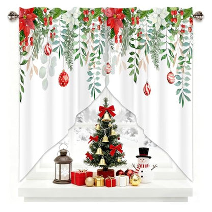 Christmas Ball Swag Valances 1 Pair, Window Treatment 28x36 in - color: Green Leaves-christmas, size: 28"W x 36"L (Pack of 2)