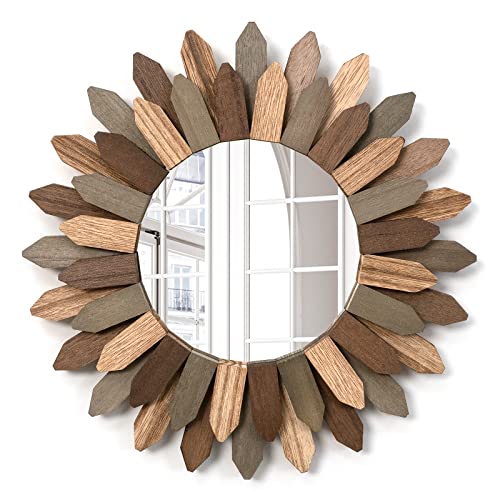 Emfogo Wall Mirror 12 inch Rustic Wood Sunburst Boho Mirror Farmhouse Wall Decor Room Decor Home Decor for Bedroom Living Room Entryway (Tri-Color) - color: Tri-color, size: 12"L x 12"W