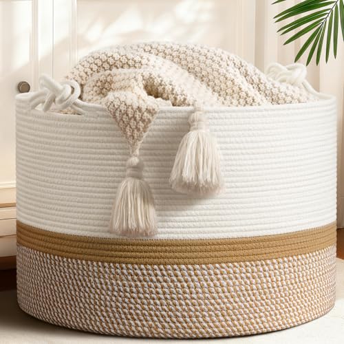 CherryNow 22"x22"x14" Large Blanket Basket, Home Décor for Living Room Bedroom, Cotton Rope Laundry Basket for Clothes Pillows, Baby Fall Decorations for Home Toy Storage, White & Camel - color: White & Mix Camel, size: 83L (22"W x 14"H)