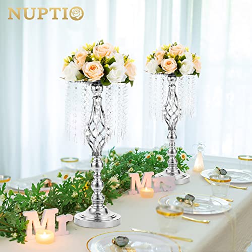 2 Pcs 19.3 Inches Tall Crystal Flower Stand Wedding Road Lead Holders Centerpiece Chandelier Metal Vase for Reception Tables Wedding Supplies - color: Silver, size: Medium - 2 Pcs