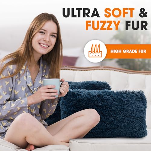 Cheer Collection Throw Pillows for Couch and Bed, Soft Shaggy Throw Pillows with Inserts Included, Cozy Long Hair Faux Fur Pillows - Set of 2-12" x 20" - Navy Blue - color: Navy Blue, size: 12" x 20"