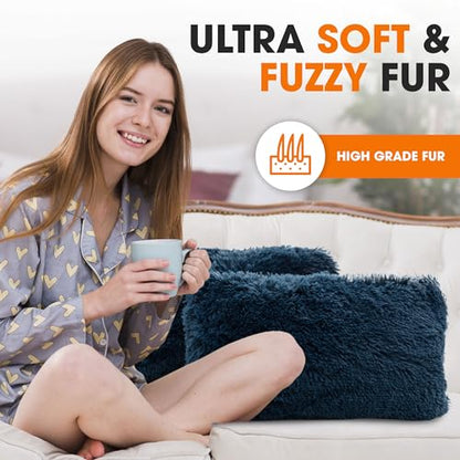 Cheer Collection Throw Pillows for Couch and Bed, Soft Shaggy Throw Pillows with Inserts Included, Cozy Long Hair Faux Fur Pillows - Set of 2-12" x 20" - Navy Blue - color: Navy Blue, size: 12" x 20"