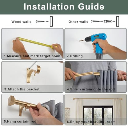 Single Curtain Rods for Windows 28 to 48 Inch(2.3-4ft),1 Inch Diameter Adjustable Heavy Duty Drapery Rods,with Modern Square Aluminum Alloy Finials,Warm Gold - color: Warm Gold, size: 28-48"