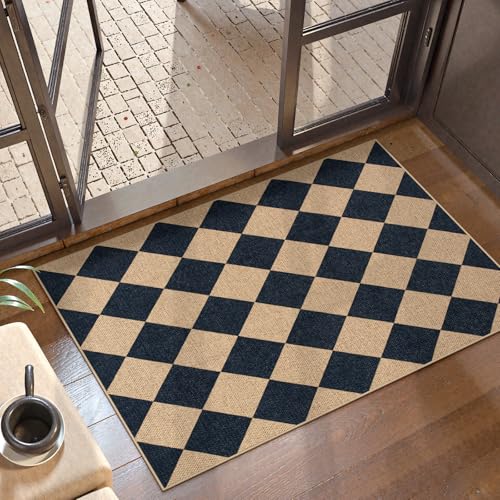Lahome Checkered Easy Jute Non Slip Front Door Mat, 2x3 Kitchen Rug Neutral Small Throw Rug, Farmhouse Diamond Washable Non Shedding Low Pile Black Floor Carpet for Entryway Front Porch Doorway - color: Black/Checkerboard -2, size: 2' x 3' (Rectangular)