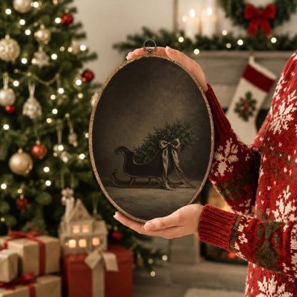 Yorhifa Dark Academia Winter Christmas Sleigh Framed Wall Art 8.5x11.5in - color: Dark Sleigh