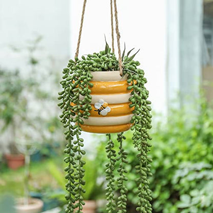 Hanging Ceramic Planter 5 Inch Cute Bee Plant Pots - color: Yellow