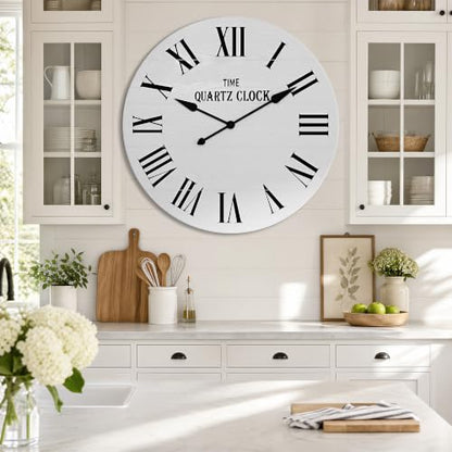 ARTPOWER 35.5" Extra Large Farmhouse Wall Clock,Solid Wood Veneer,White - color: White, size: 35.5"W x 35.5"H