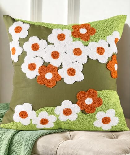 Embroidered Throw Pillow Cover, 18x18 Inch, Green Daisy - color: Green-flowers, size: 18" x 18" (Pack of 1)