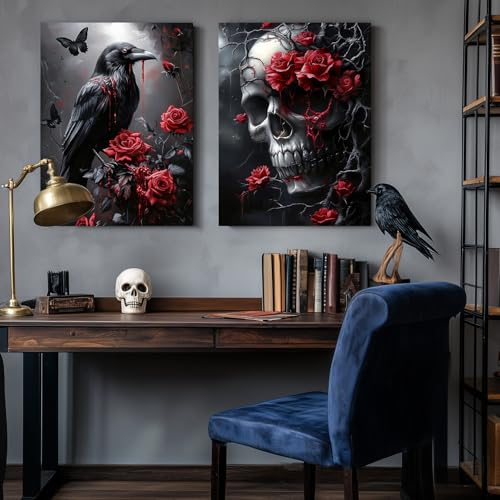 Hianan Wrapped Canvas Dark Goth Crow Rose Skull Wall Art Set of 3, 16x24 in - color: Black-Red, size: 24"L x 16"W
