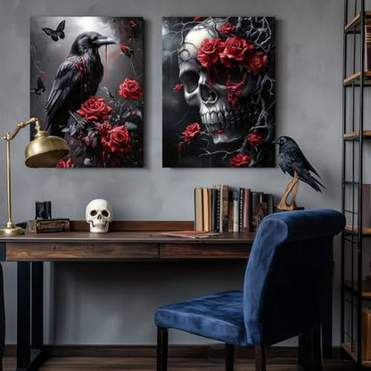 Hianan Wrapped Canvas Dark Goth Crow Rose Skull Wall Art Set of 3, 16x24 in - color: Black-Red, size: 24"L x 16"W
