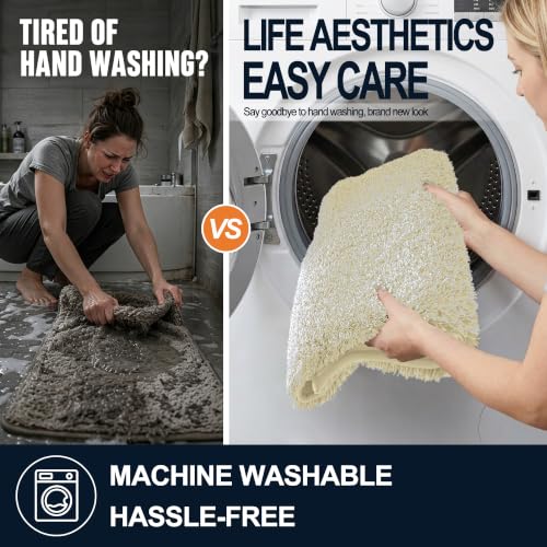 OLANLY Microfiber Bathroom Rugs 47x24, Quick Dry Bath Mat, Sand and White - color: Sand and White, size: 47" X 24"