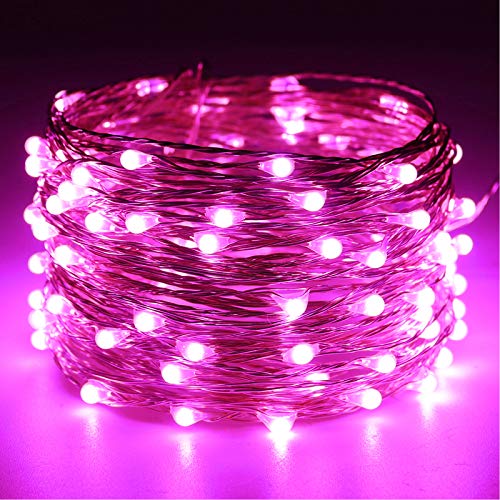 RUICHEN Fairy Lights Plug in, Silver Wire 33 Ft 100 LED String Lights, Pink - color: Pink