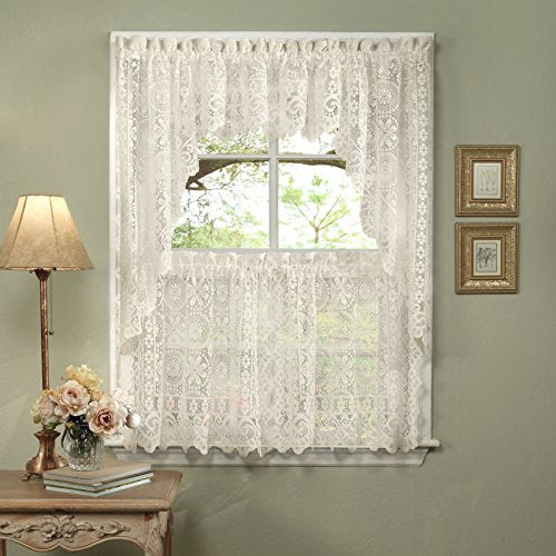 Sweet Home Collection Old World Style Floral Heavy Lace Kitchen Curtain Swag pair Hopewell Cream - color: Hopewell Cream, size: 29"W x 38"L (Pack of 1)