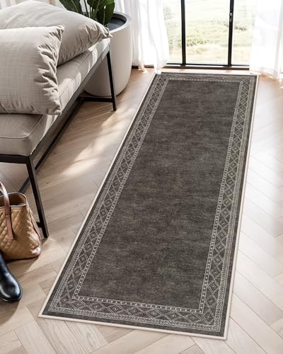 Lahome Modern Bordered Kitchen Runner Rugs Non Skid Washable, 2x6 Rug Runners for Hallways Non Slip Ultra-Thin Carpet for Entryway Laundry Room Bedroom (2x6ft,Brown) - color: Grey/Brown, size: 2' x 6'