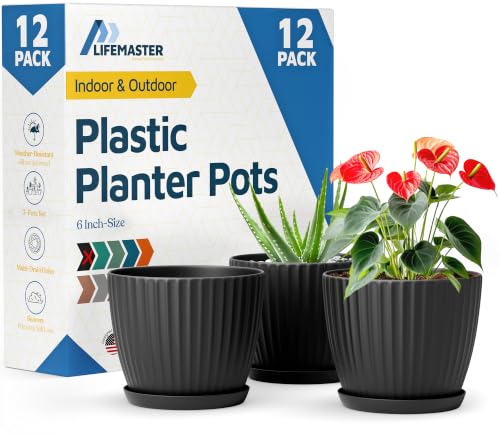 Black 6-Inch Plant Pots with Drainage & Saucers 12 Pack, Indoor & Outdoor Planters for Houseplants, Herbs, and Flowers, Durable & Weatherproof Material, Stackable, Lightweight, Minimalist Design - color: Black, size: Pack of 12