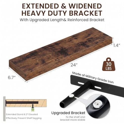 Dreamland 24Inch Floating Shelves for Wall 6.7" Deep Rustic Brown Set of 2 - color: Rustic Brown, size: 6.7"D x 24"L
