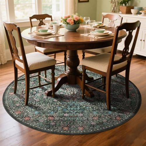 Boho Round Rug 4ft - Washable Black Green Floral Round Bathroom Rug - color: Black / Multi, size: 4' (Round)