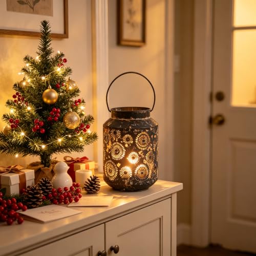 Rustic Metal Hanging Lantern, 8.66" H Vintage Distressed Brown Firework Cutout Decorative Lantern for Indoor Outdoor Use, Tabletop Patio Wedding Centerpiece, Fits Pillar & LED Candles - color: Brown