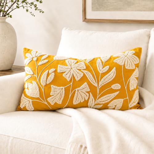 BlissBlush Lumbar Pillow Cover 12x20 Inch, Mustard Floral Tufted Velvet Decorative Accent Pillow Case for Sofa Bed Living Room, Cover Only - color: Yellow Mustard, size: 20" x 12" (Pack of 1)