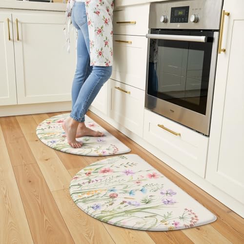 KIMODE Anti Fatigue Kitchen Mats for Floor,Half Moon Kitchen Rugs Sets of 2 - color: Floral/White, size: 18" x 28"+18" x 28"--0.47 inches(Semicircular)