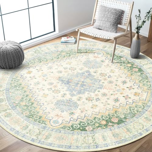 MUJOO Round Rugs 6ft Circle Area Rug Washable Boho Low Pile Green and Blue - color: Green and Blue, size: 6' (Round)