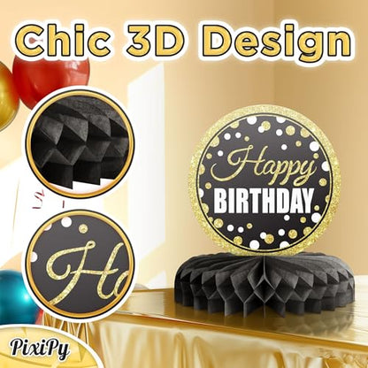 Happy Birthday Table Decoration Centerpieces - 8 Pieces, Black & Gold - Double-Sided Happy Birthday Centerpieces for Tables - Party Supplies for Elegant Birthday Decorations - by PixiPy - style: Black & Gold (Pack of 8)