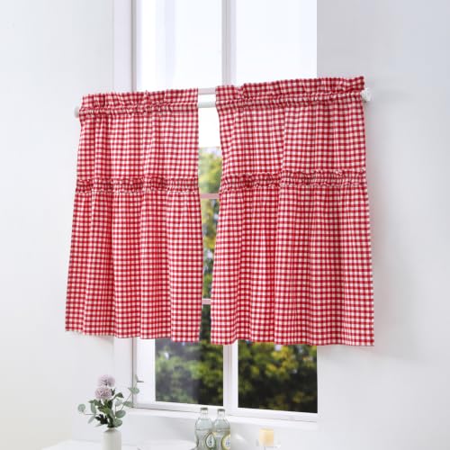 Silnuo Red/White Plaid Gingham Window Valance 26" W x 36" L-2 Panels - color: Red, size: 26"W x 36"L (Pack of 2)