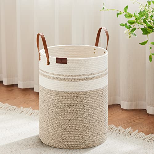 VIPOSCO 30L Small Woven Rope Laundry Hamper, Leather Handles, Brown & White - color: Brown & White, size: 30L