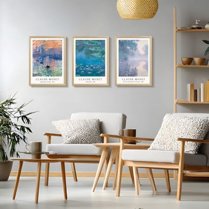 LLEEMPI Claude Monet Water Lilies Wall Art Set of 3, 12x16 Framed Prints - color: MonetWaterLily(Wood), size: 16"L x 12"W